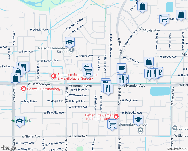 map of restaurants, bars, coffee shops, grocery stores, and more near 7020 North Thorne Avenue in Fresno