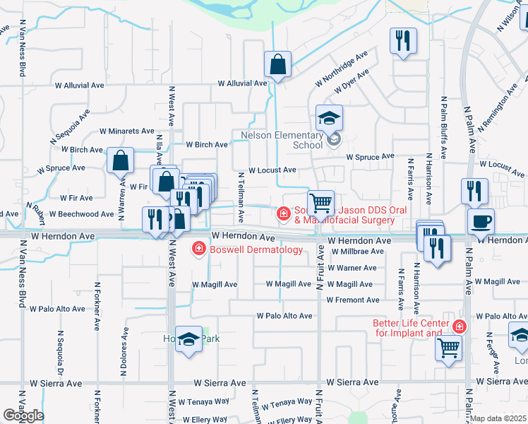 map of restaurants, bars, coffee shops, grocery stores, and more near 7095 North Fruit Avenue in Fresno