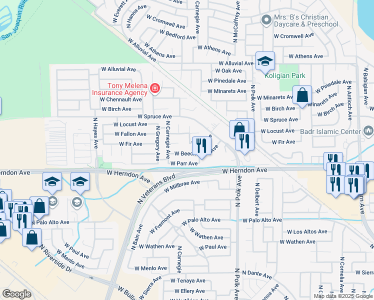 map of restaurants, bars, coffee shops, grocery stores, and more near 5649 West Fir Avenue in Fresno