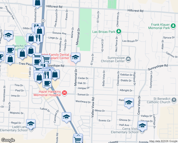 map of restaurants, bars, coffee shops, grocery stores, and more near 1510 Valley View Road in Hollister