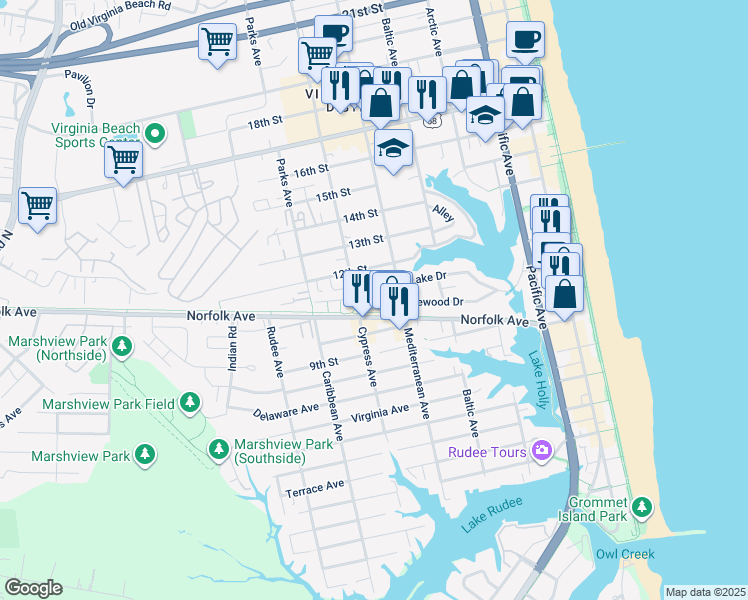 map of restaurants, bars, coffee shops, grocery stores, and more near 646 Pinewood Drive in Virginia Beach