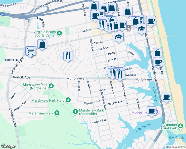 map of restaurants, bars, coffee shops, grocery stores, and more near 1102 Parks Avenue in Virginia Beach