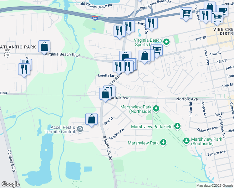 map of restaurants, bars, coffee shops, grocery stores, and more near 1087 Kenya Lane in Virginia Beach