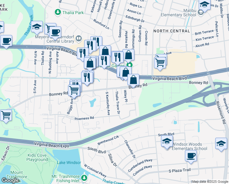 map of restaurants, bars, coffee shops, grocery stores, and more near 3929 Pinter Court in Virginia Beach