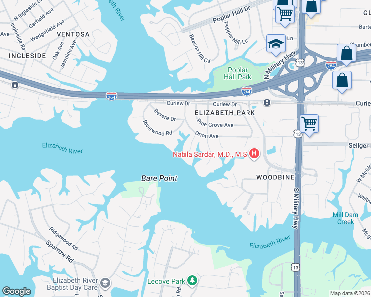 map of restaurants, bars, coffee shops, grocery stores, and more near 222 Valleau Road in Norfolk