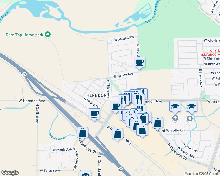 map of restaurants, bars, coffee shops, grocery stores, and more near 7102 North La Paz Avenue in Fresno