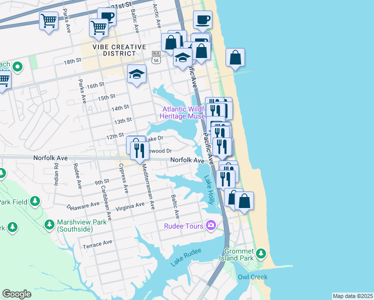 map of restaurants, bars, coffee shops, grocery stores, and more near 408 Pinewood Drive in Virginia Beach