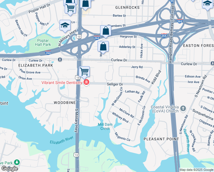 map of restaurants, bars, coffee shops, grocery stores, and more near 200 Pefley Drive in Norfolk