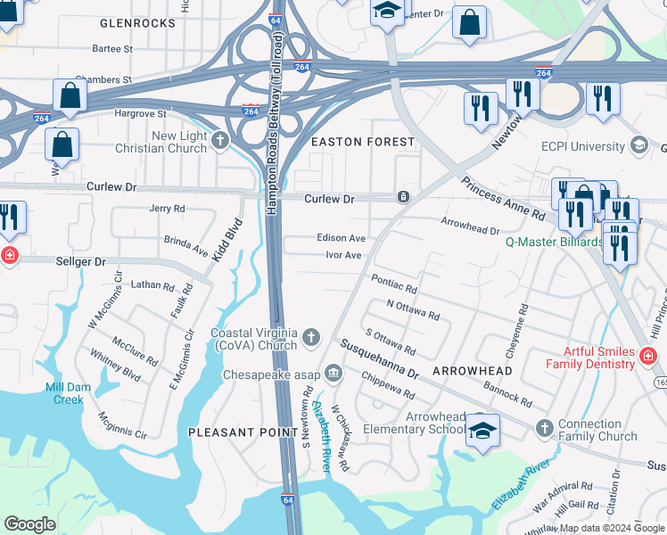 map of restaurants, bars, coffee shops, grocery stores, and more near 6118 Stephenson Avenue in Norfolk