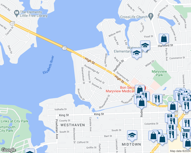 map of restaurants, bars, coffee shops, grocery stores, and more near 510 Patrick Street in Portsmouth