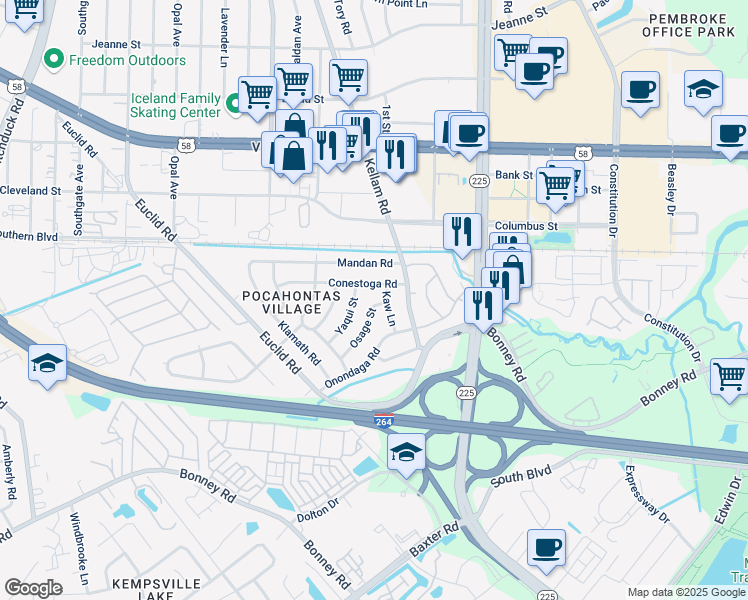 map of restaurants, bars, coffee shops, grocery stores, and more near 105 Osage Street in Virginia Beach