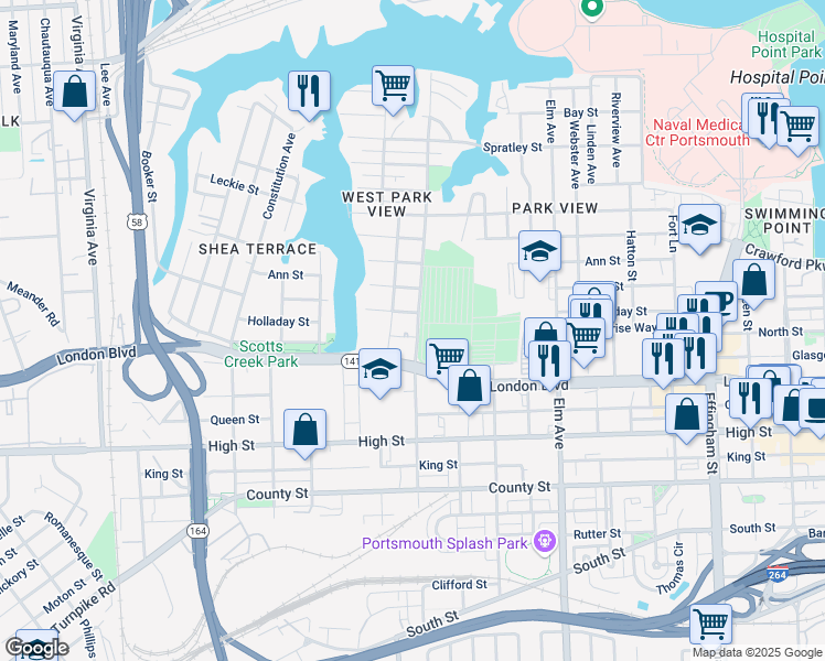 map of restaurants, bars, coffee shops, grocery stores, and more near 1600 North Street in Portsmouth
