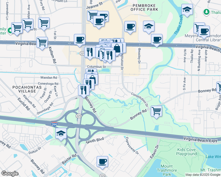 map of restaurants, bars, coffee shops, grocery stores, and more near 202 Ferdinand Circle in Virginia Beach