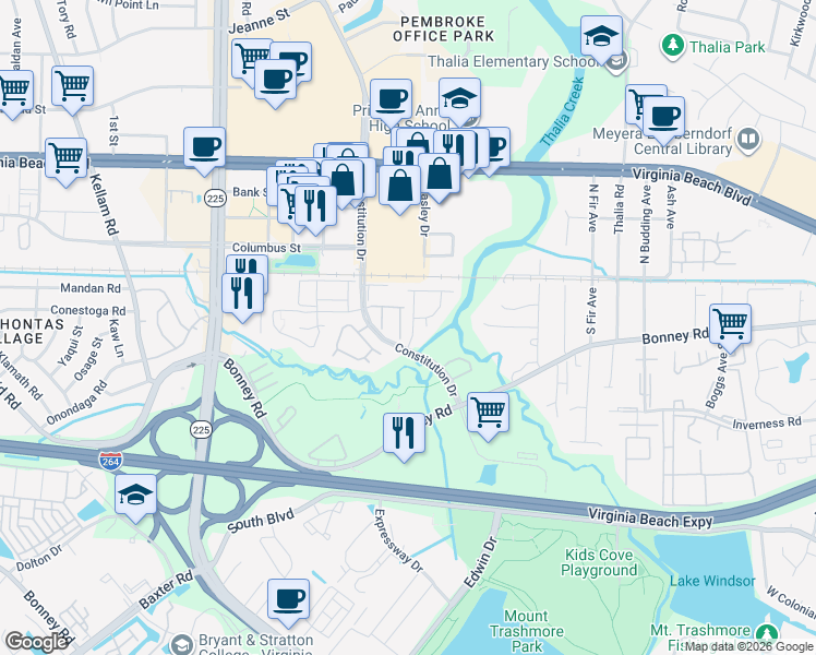 map of restaurants, bars, coffee shops, grocery stores, and more near 137 Castilian Drive in Virginia Beach