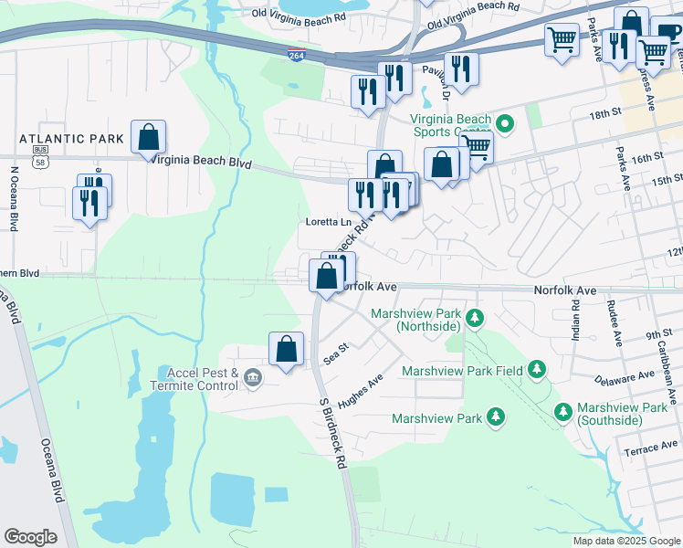 map of restaurants, bars, coffee shops, grocery stores, and more near 1087 Kenya Lane in Virginia Beach