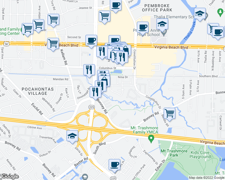 map of restaurants, bars, coffee shops, grocery stores, and more near 271 Ferdinand Circle in Virginia Beach