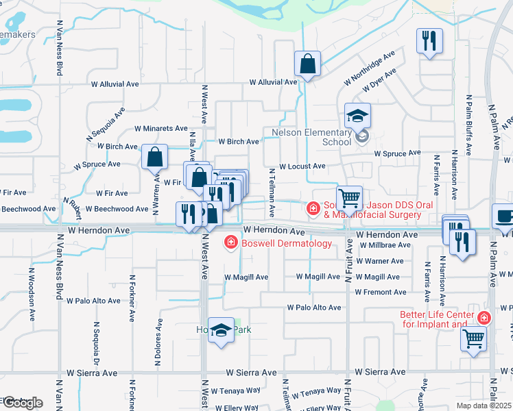map of restaurants, bars, coffee shops, grocery stores, and more near 7047 North Teilman Avenue in Fresno