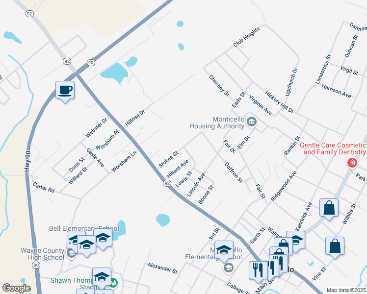 map of restaurants, bars, coffee shops, grocery stores, and more near Stokes Street in Monticello