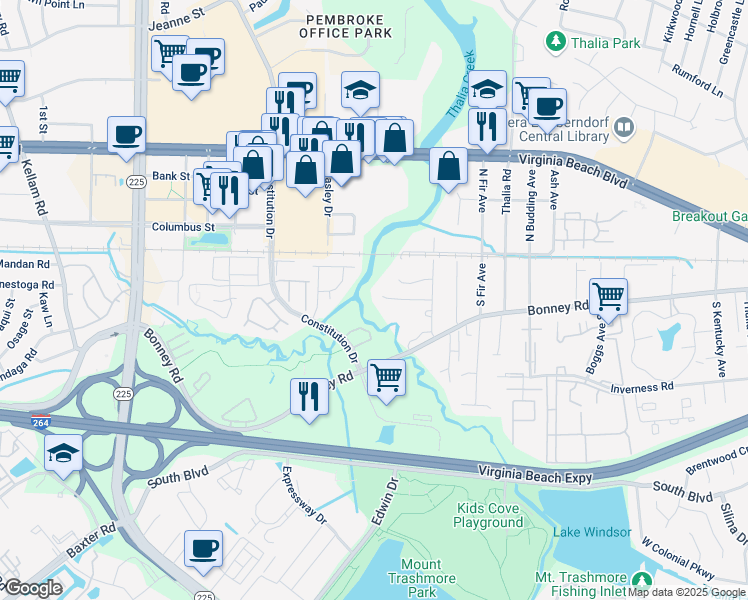 map of restaurants, bars, coffee shops, grocery stores, and more near 4316 Tillman Drive in Virginia Beach