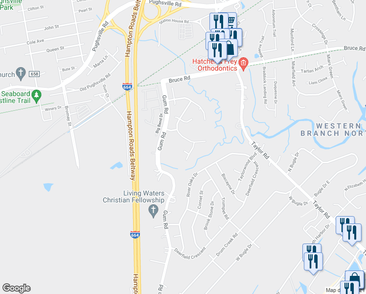 map of restaurants, bars, coffee shops, grocery stores, and more near 4602 Deer Trail in Chesapeake
