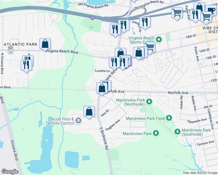 map of restaurants, bars, coffee shops, grocery stores, and more near 1087 Kenya Lane in Virginia Beach