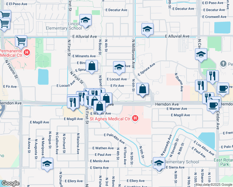 map of restaurants, bars, coffee shops, grocery stores, and more near 1150 East Herndon Avenue in Fresno
