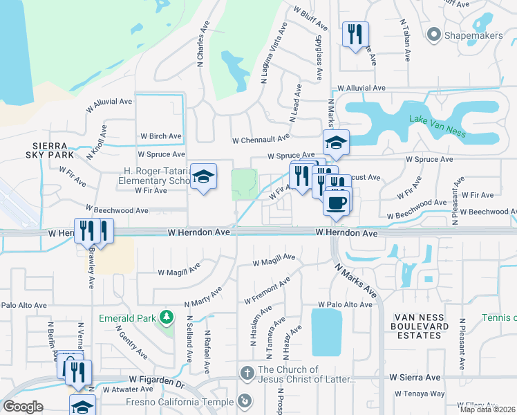 map of restaurants, bars, coffee shops, grocery stores, and more near 3286 West Illumination Drive in Fresno
