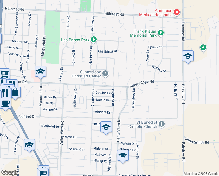 map of restaurants, bars, coffee shops, grocery stores, and more near 1591 Sunnyslope Road in Hollister