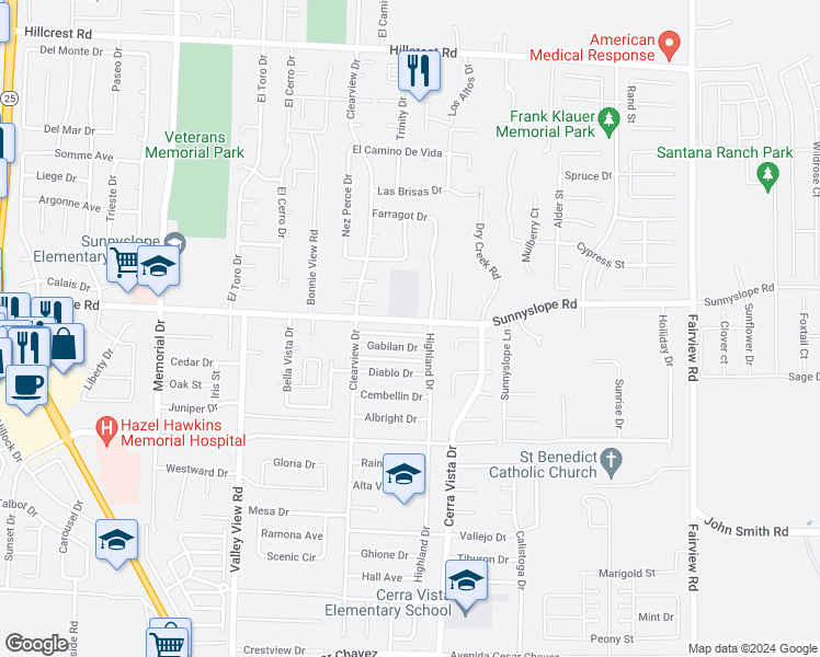 map of restaurants, bars, coffee shops, grocery stores, and more near 1591 Sunnyslope Road in Hollister