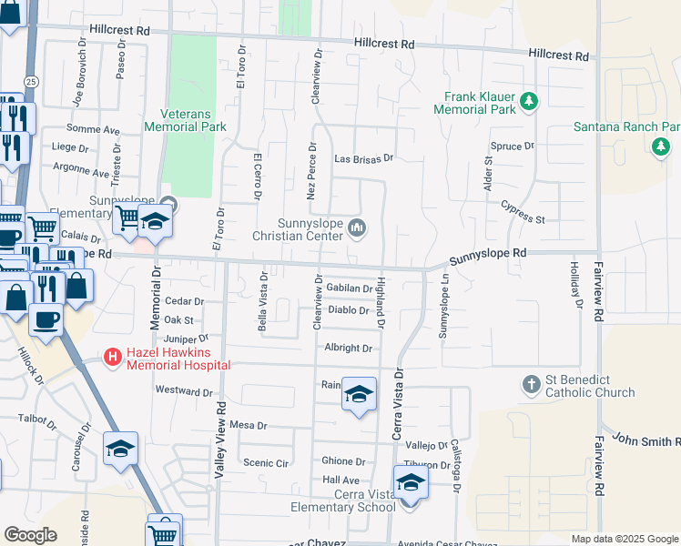 map of restaurants, bars, coffee shops, grocery stores, and more near 1491 Sunnyslope Road in Hollister