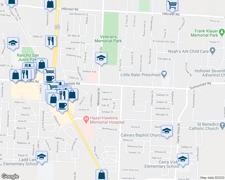 map of restaurants, bars, coffee shops, grocery stores, and more near 1060 Caputo Court in Hollister