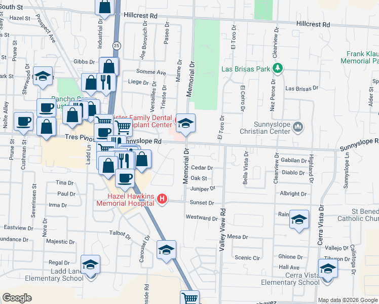 map of restaurants, bars, coffee shops, grocery stores, and more near 1510 Memorial Drive in Hollister