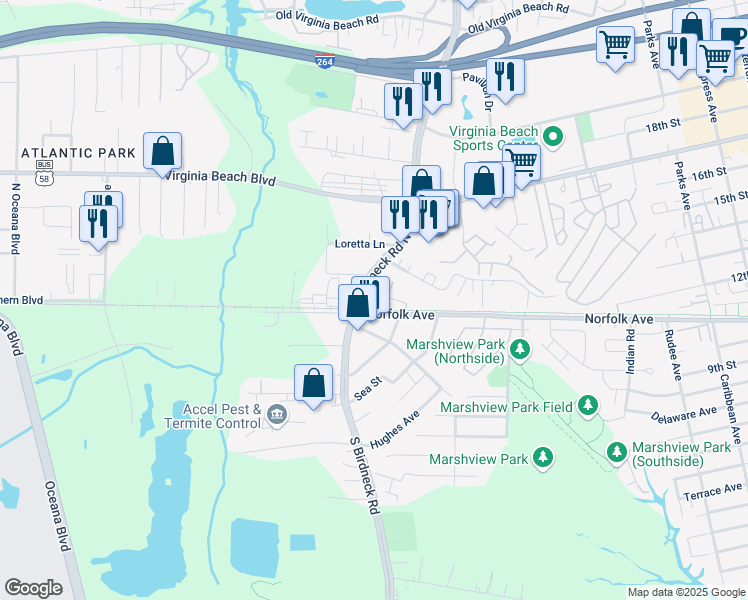 map of restaurants, bars, coffee shops, grocery stores, and more near 1087 Kenya Lane in Virginia Beach