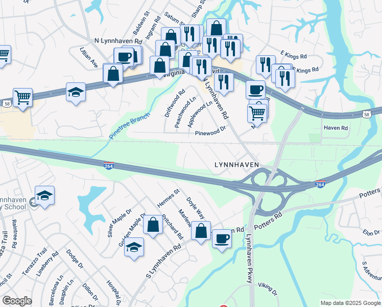 map of restaurants, bars, coffee shops, grocery stores, and more near 117 Landmark Square in Virginia Beach