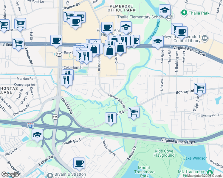 map of restaurants, bars, coffee shops, grocery stores, and more near 137 Castilian Drive in Virginia Beach