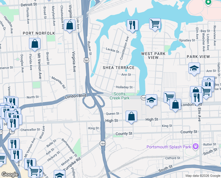 map of restaurants, bars, coffee shops, grocery stores, and more near 317 Idlewood Avenue in Portsmouth