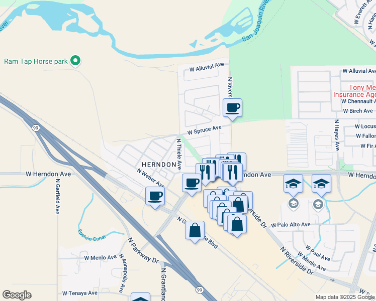 map of restaurants, bars, coffee shops, grocery stores, and more near 7102 North La Paz Avenue in Fresno