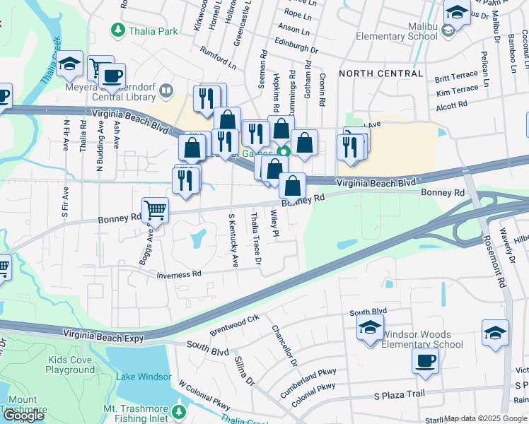 map of restaurants, bars, coffee shops, grocery stores, and more near 111 Trace Court in Virginia Beach