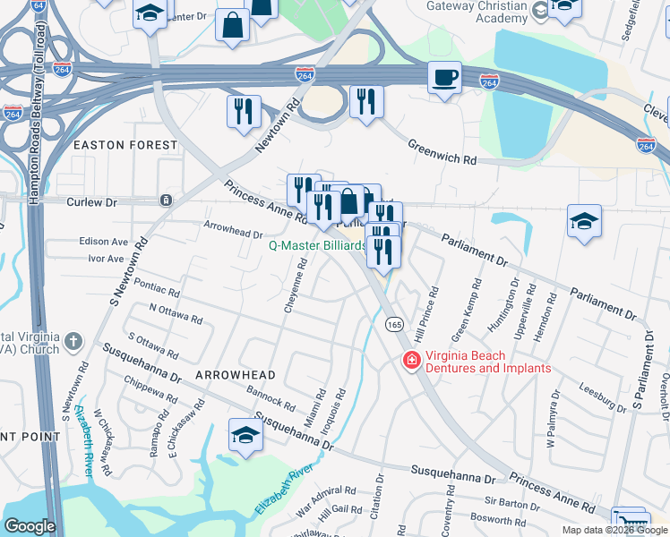 map of restaurants, bars, coffee shops, grocery stores, and more near 5617 Hatteras Road in Virginia Beach