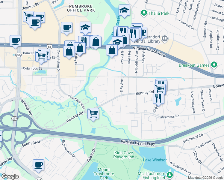 map of restaurants, bars, coffee shops, grocery stores, and more near 131 South Palm Avenue in Virginia Beach