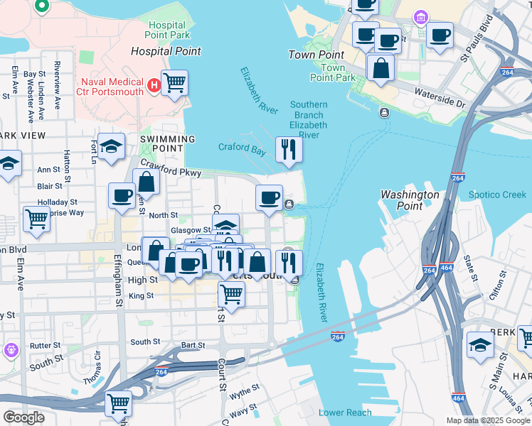 map of restaurants, bars, coffee shops, grocery stores, and more near 302 Crawford Street in Portsmouth