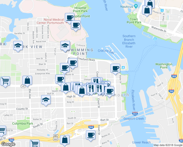 map of restaurants, bars, coffee shops, grocery stores, and more near 426 Portsmouth Boulevard in Portsmouth