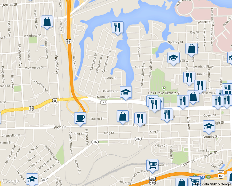 map of restaurants, bars, coffee shops, grocery stores, and more near 1923 Holladay Street in Portsmouth