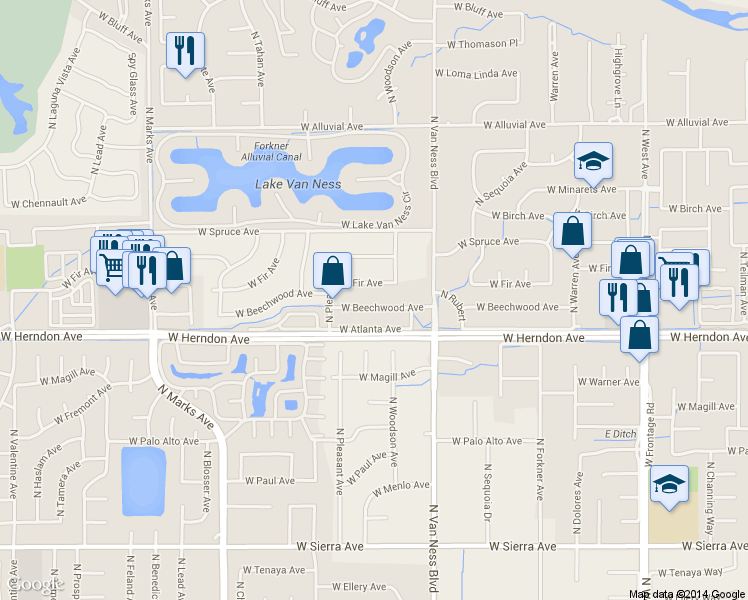 map of restaurants, bars, coffee shops, grocery stores, and more near 2522 W Beechwood Ave in Fresno