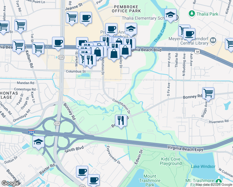 map of restaurants, bars, coffee shops, grocery stores, and more near 137 Castilian Drive in Virginia Beach