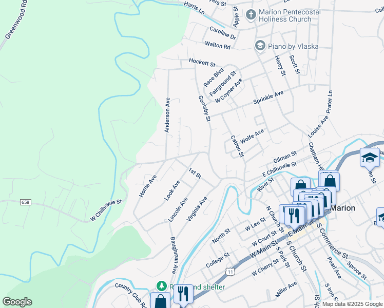 map of restaurants, bars, coffee shops, grocery stores, and more near 1001 Marion Manor Drive in Marion
