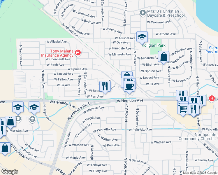 map of restaurants, bars, coffee shops, grocery stores, and more near 5562 West Beechwood Avenue in Fresno