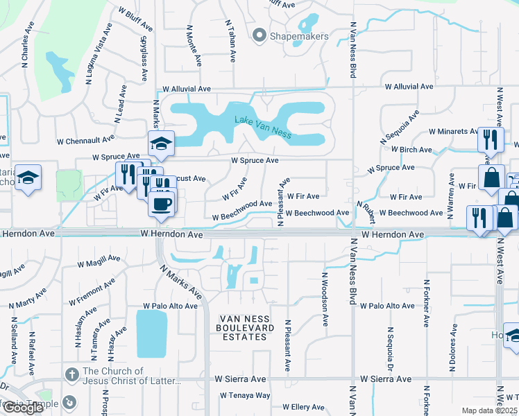 map of restaurants, bars, coffee shops, grocery stores, and more near 2665 West Beechwood Avenue in Fresno