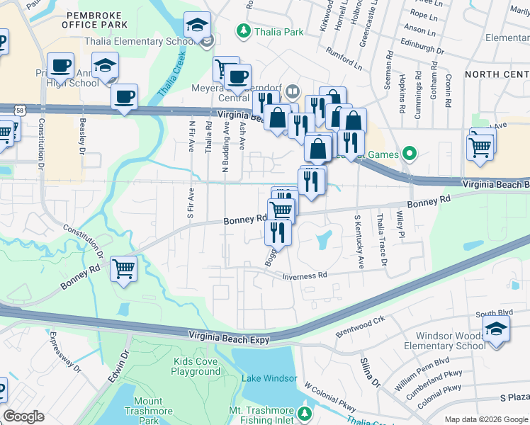 map of restaurants, bars, coffee shops, grocery stores, and more near 4136 Bonney Road in Virginia Beach