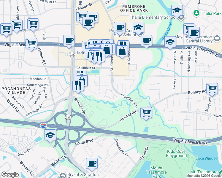 map of restaurants, bars, coffee shops, grocery stores, and more near 4542 Genoa Drive in Virginia Beach